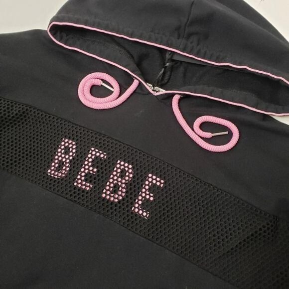 Bebe NWT Sport Black Rhinestone Logo Pullover Hoodie Womens Sweatshirt Large - Picture 5 of 5